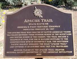 Historical marker for the Apache Trail, Arizona State Route 88, used with permission by the photographer AH; Historical marker in Flatiron Park, Apache Junction, Arizona, that commemorates the Apache Trail