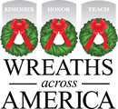 Icon with Wreaths across America, used with permission from Wreaths Across America; An image of three green wreaths with red bows and the words "Wreaths across America" used a a link to a website